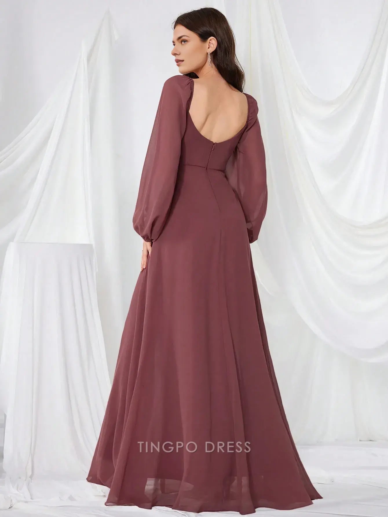 Elegant Square Neck Draped Long Sleeve Maxi Dress with Side Slit and Open Back Prom Dress